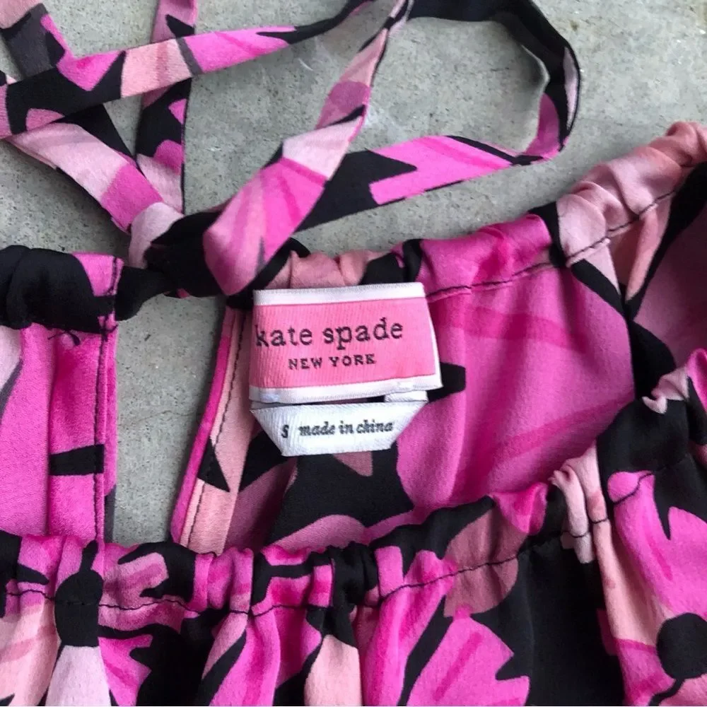 Kate Spade Wallflower Tie Neck Blouse Top Shell Pink Black Floral Printed S